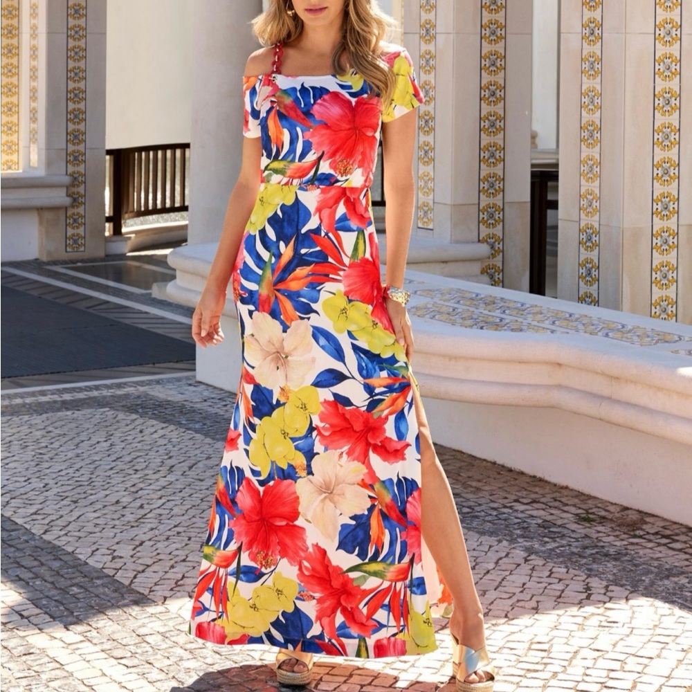 Boston Proper Tropical Floral Maxi Dress in Red, Blue, Yellow, Cream